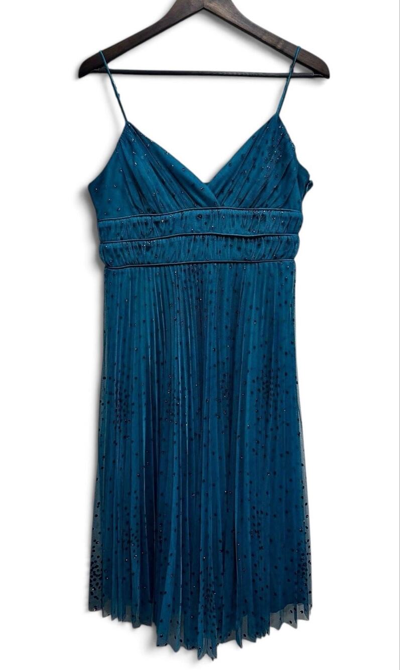 Vintage Betsey Johnson Teal Pleated Mesh Silk Detail Dress L
